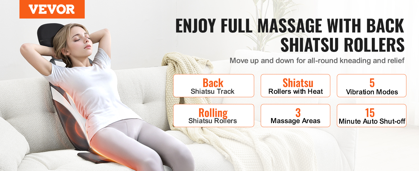 VEVOR shiatsu back massager with heat and vibration, offering full back relief and 15-minute auto shut-off.
