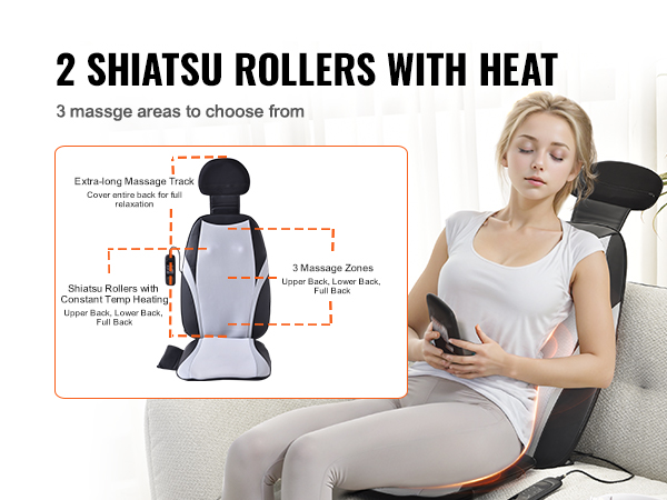 2 shiatsu rollers with heat and 3 massage zones for upper, lower, and full back. VEVOR shiatsu back massager.