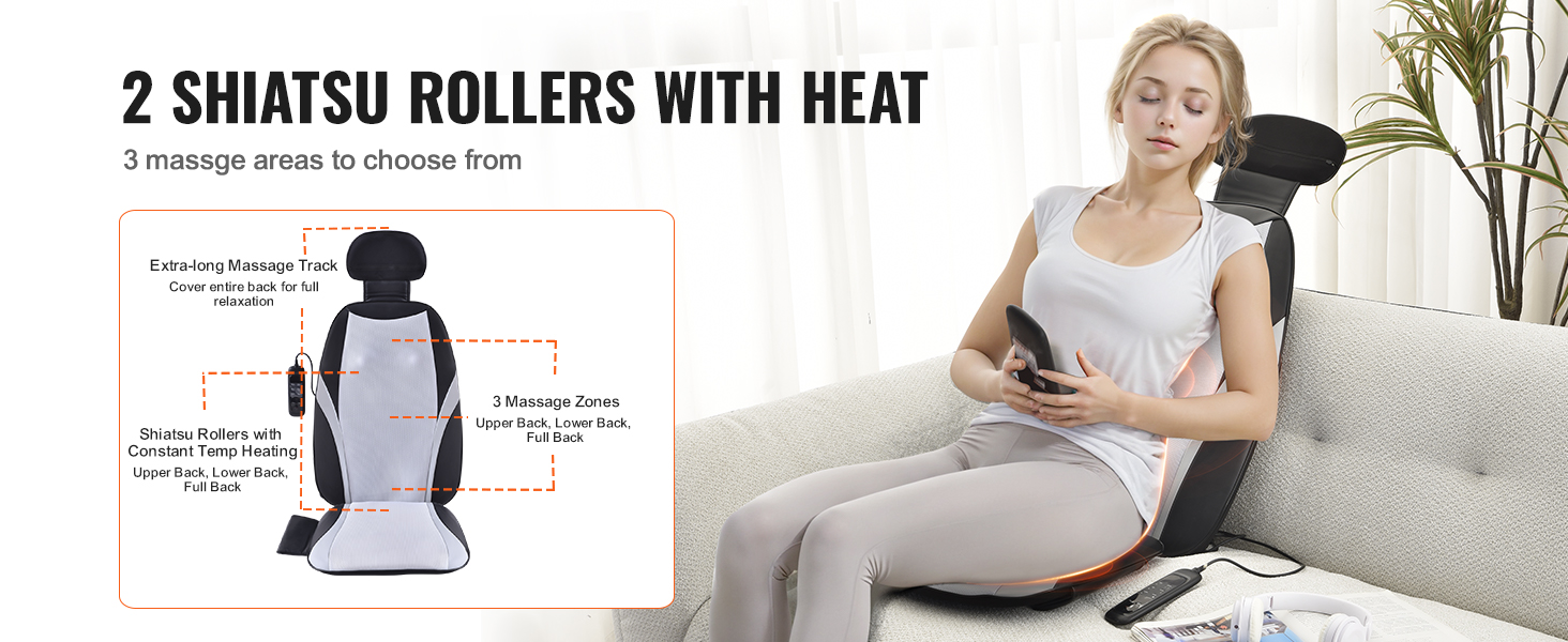 2 shiatsu rollers with heat and 3 massage zones for upper, lower, and full back. VEVOR shiatsu back massager.