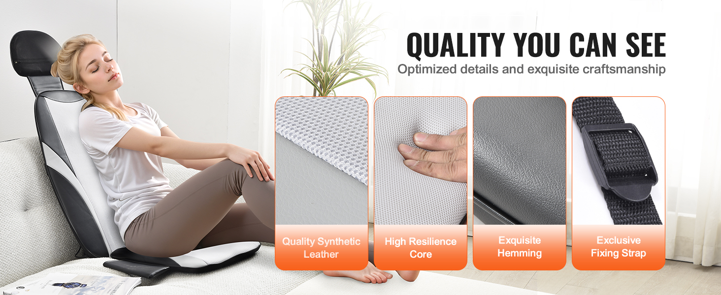 woman relaxing on VEVOR shiatsu back massager, showcasing synthetic leather, high resilience core, exquisite hemming, and fixing strap.