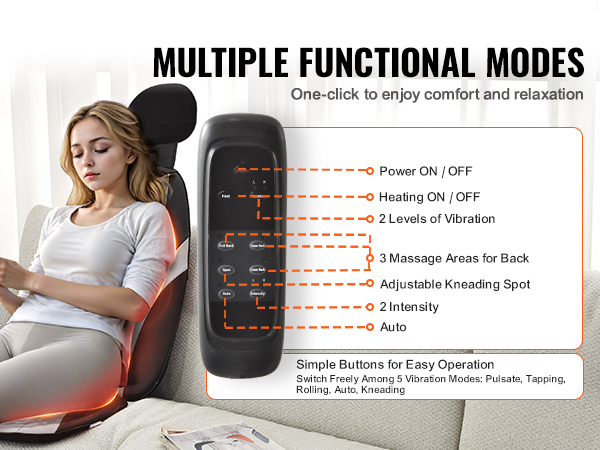 woman using VEVOR shiatsu back massager with remote control, displaying multiple functional modes.