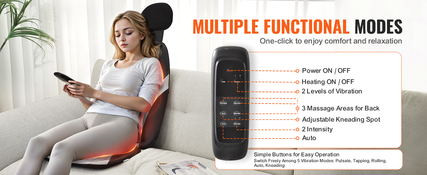 woman using VEVOR shiatsu back massager with remote control, displaying multiple functional modes.