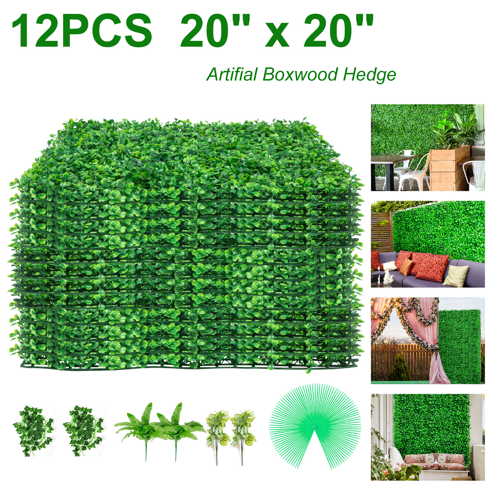 VEVOR artificial boxwood panels 12pcs 20"x20" for home and garden decor.
