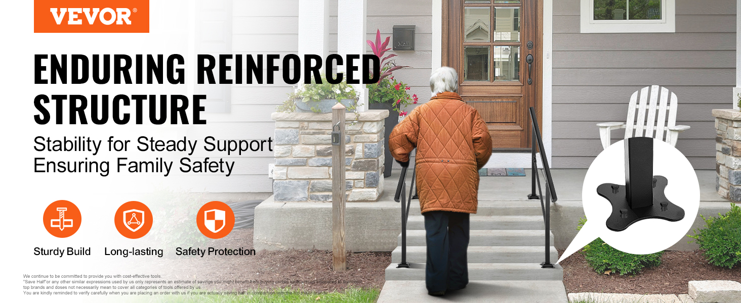 VEVOR outdoor stair railing with elderly person, sturdy build, long-lasting, safety protection.