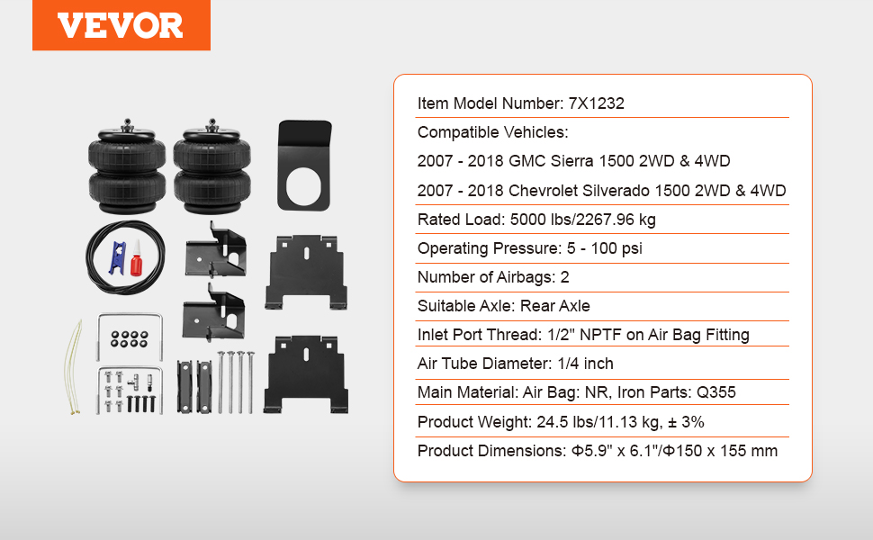 VEVOR air bag suspension kit components laid out with specifications for gmc sierra and chevrolet silverado.