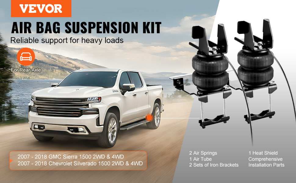 VEVOR air bag suspension kit for 2007-2018 gmc sierra/chevrolet silverado, reliable heavy load support.