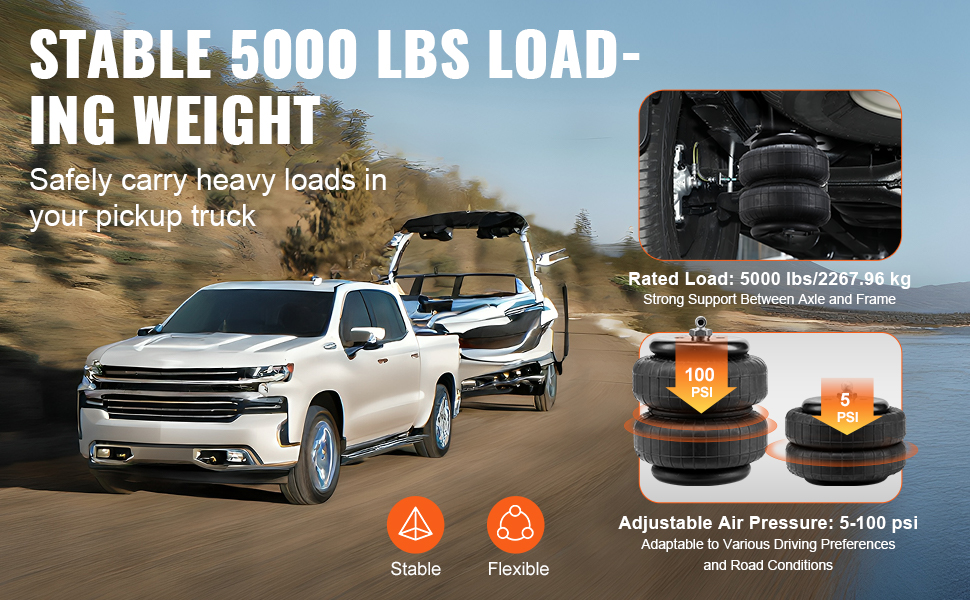 VEVOR air bag suspension kit supports 5000 lbs load, adjustable 5-100 psi, ideal for pickup trucks.