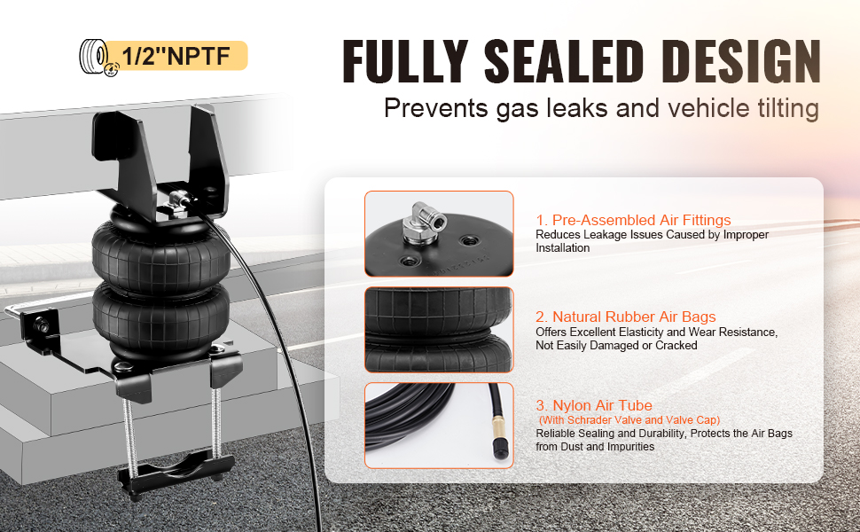 VEVOR air bag suspension kit with natural rubber air bags, nylon air tube, and pre-assembled air fittings.