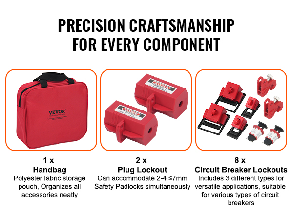 red VEVOR lockout tagout kit with a handbag, plug lockouts, and circuit breaker lockouts.