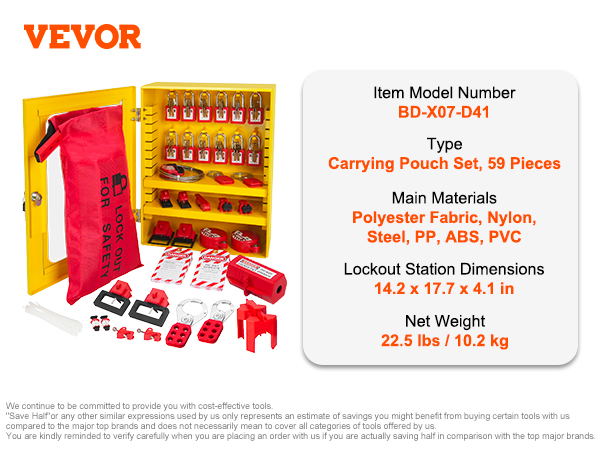 VEVOR lockout tagout kit with 59 pieces, red carrying pouch, key lock station, and safety tags.