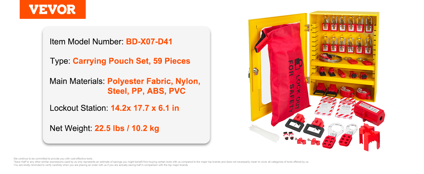 VEVOR lockout tagout kit with 59 pieces, red carrying pouch, key lock station, and safety tags.