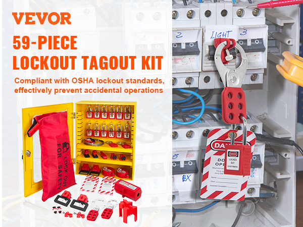 VEVOR 59-piece lockout tagout kit, osha compliant, prevents accidental equipment operations.
