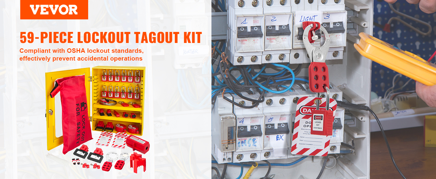 VEVOR 59-piece lockout tagout kit, osha compliant, prevents accidental equipment operations.