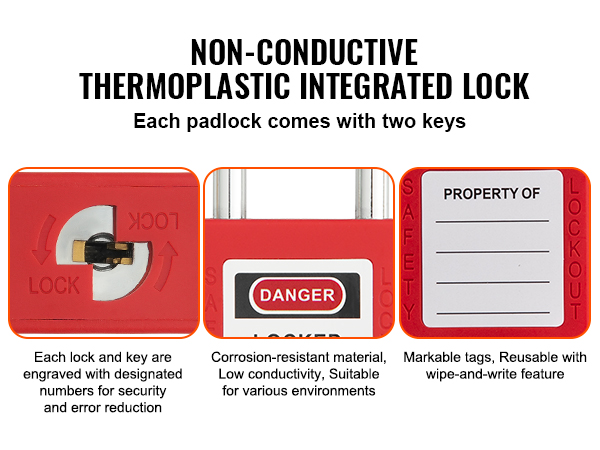 non-conductive red lock with "danger locked out" label, 2 keys, and reusable markable tags. VEVOR lockout tagout kit.