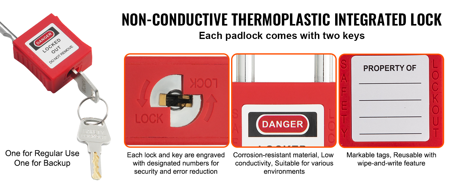 non-conductive red lock with "danger locked out" label, 2 keys, and reusable markable tags. VEVOR lockout tagout kit.