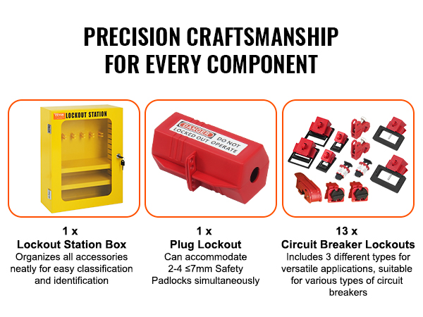 VEVOR lockout tagout kit with lockout station box, plug lockout, and circuit breaker lockouts.