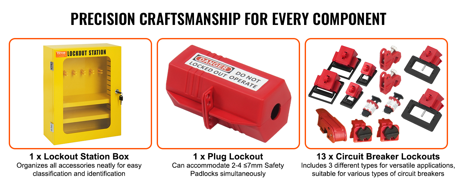 VEVOR lockout tagout kit with lockout station box, plug lockout, and circuit breaker lockouts.