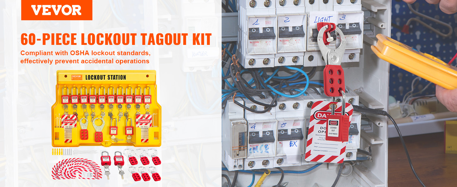 VEVOR lockout tagout kit shown with 60 pieces for osha-compliant lockout safety in electrical settings.