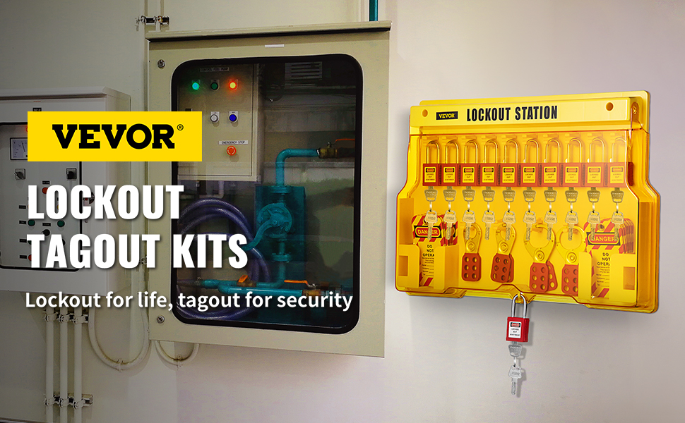 VEVOR lockout tagout kit displayed on a wall, emphasizing safety and security in an industrial setting.