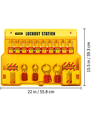 VEVOR lockout tagout kit with yellow lockout station, multiple locks, hasps, and "danger" tags.