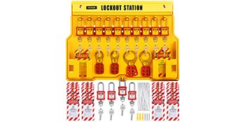 yellow VEVOR lockout tagout kit with padlocks, lockout hasps, tags, keys, and ties arranged neatly.