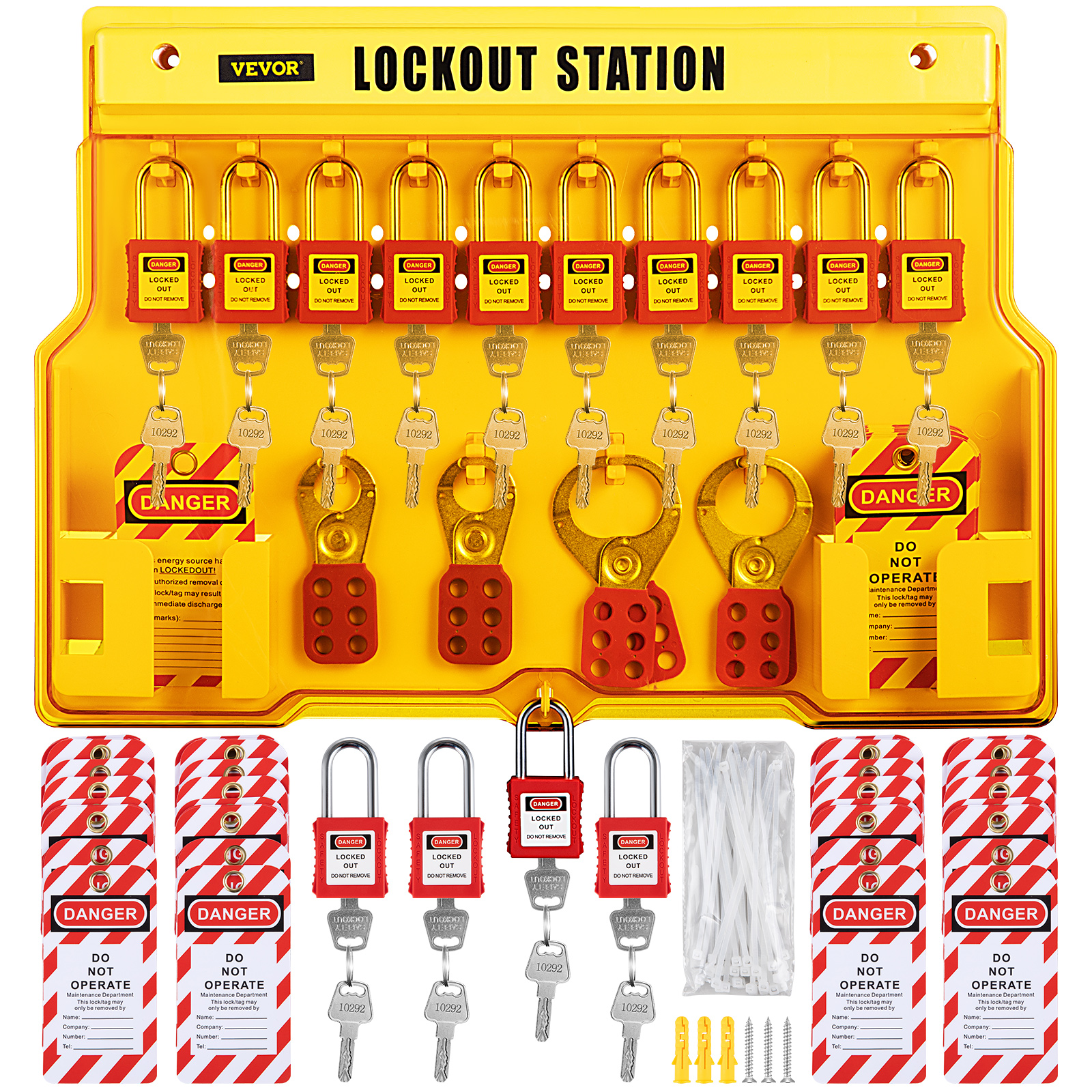 VEVOR lockout tagout kit with padlocks, keys, tags, and a yellow lockout station.