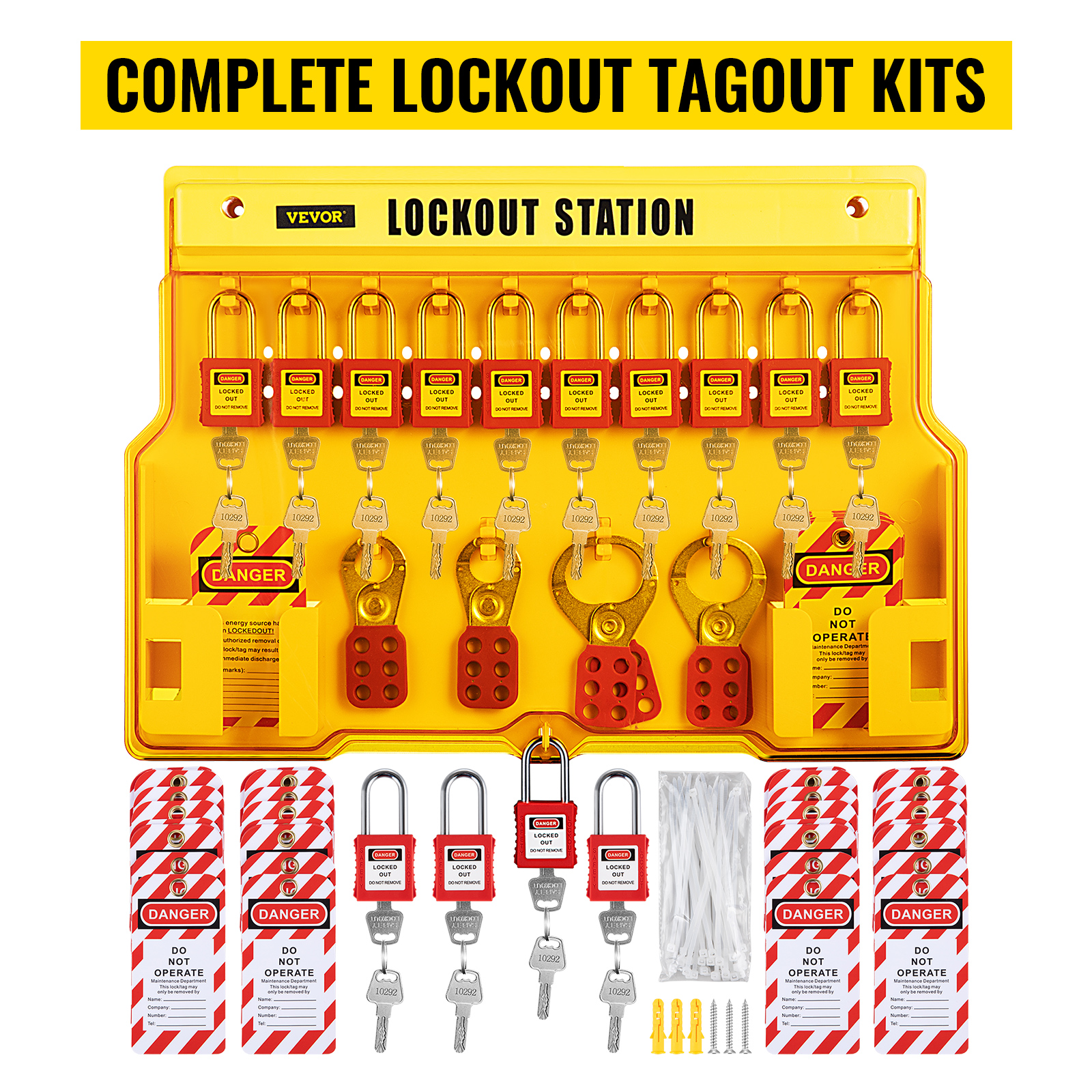 VEVOR lockout tagout kit on yellow lockout station with multiple padlocks, keys, and danger tags.