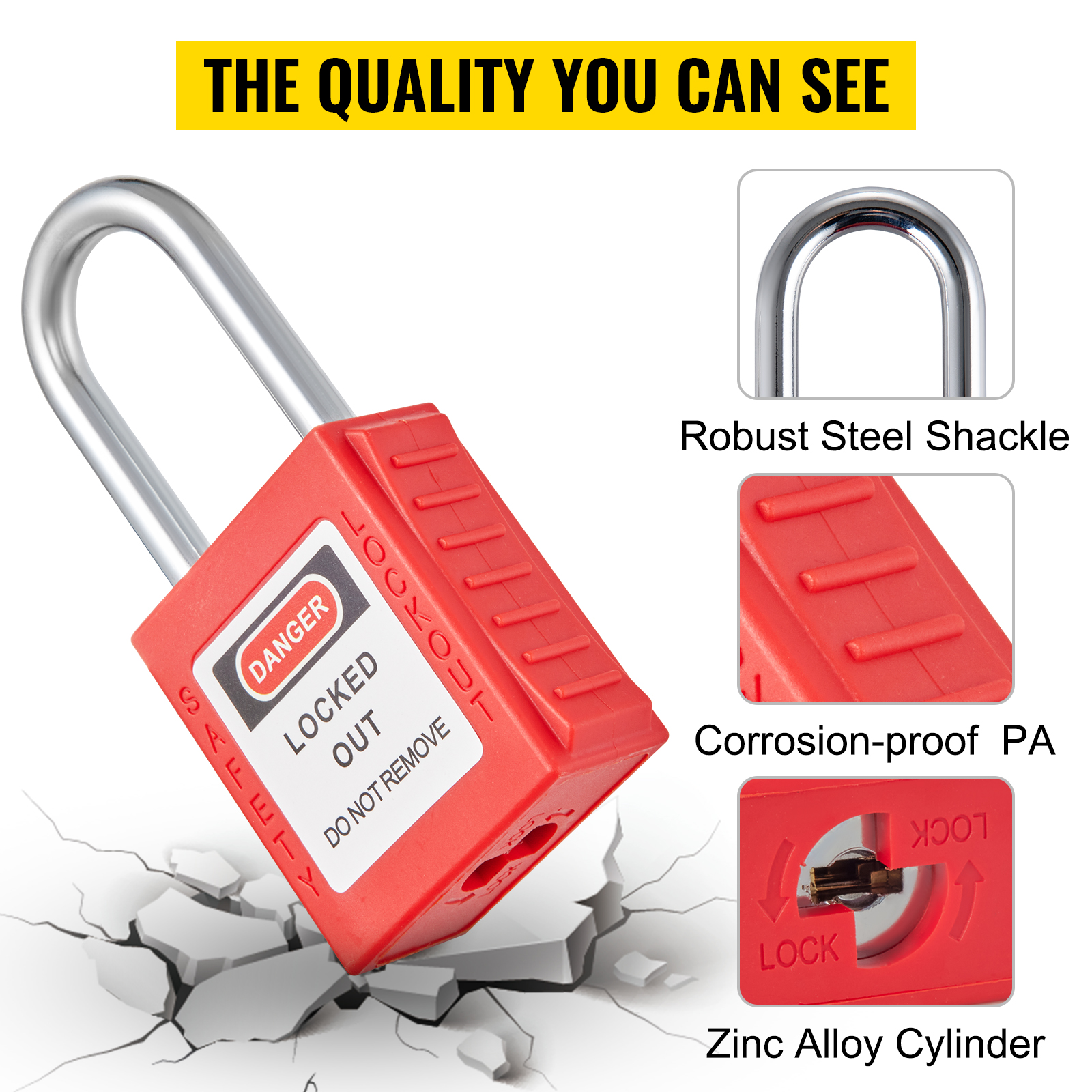 VEVOR lockout tagout kit with robust steel shackle, corrosion-proof pa, and zinc alloy cylinder.
