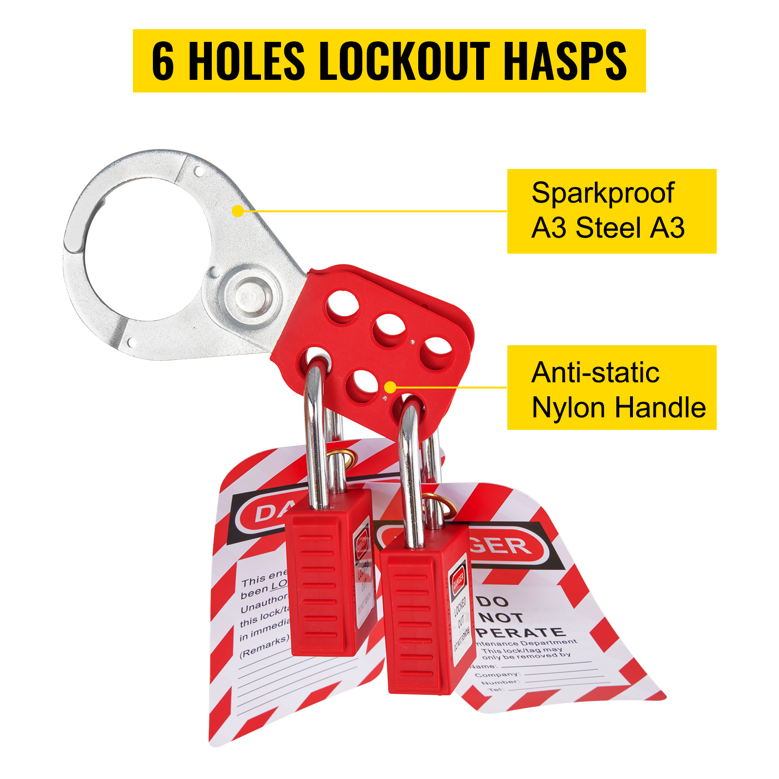 VEVOR lockout tagout kit with 6 holes lockout hasps, sparkproof a3 steel, and anti-static nylon handle.