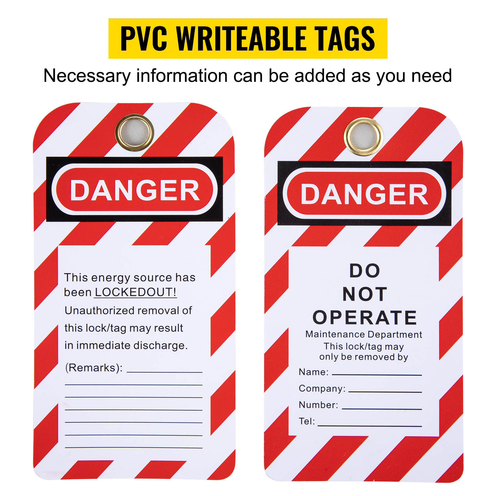 pvc writeable tags with "danger" warnings for the VEVOR lockout tagout kit.