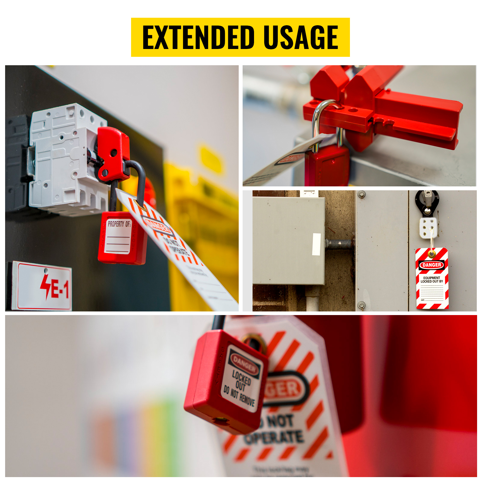 VEVOR lockout tagout kit in use on electrical panels and machinery with safety tags and padlocks.