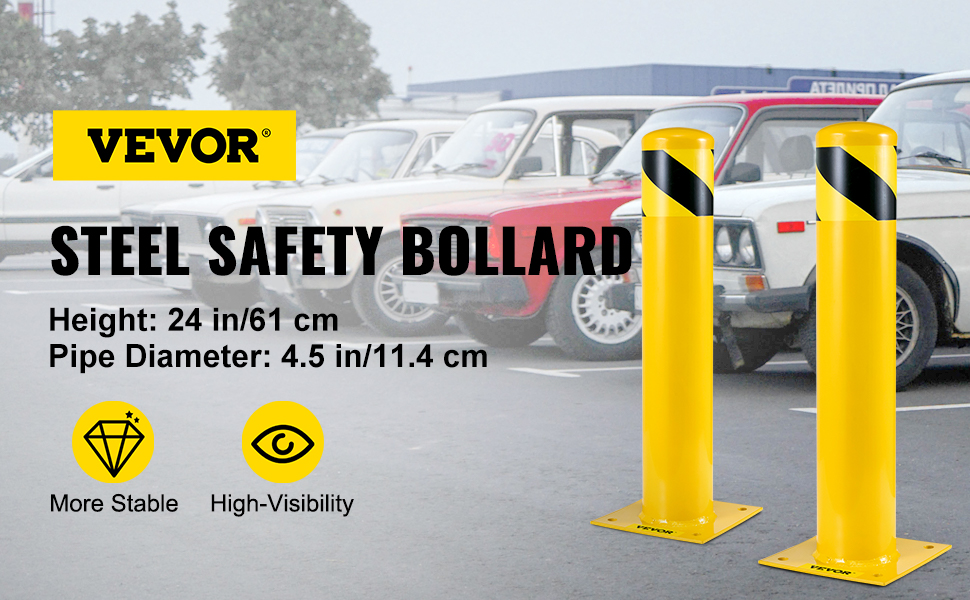 VEVOR safety bollard, 24in height, yellow with black stripes in a parking lot.