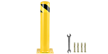 yellow VEVOR safety bollard with black stripes, wrench, and mounting bolts.