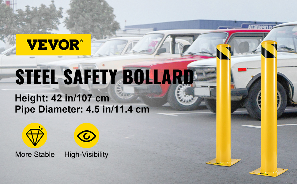 VEVOR safety bollard, yellow with high-visibility black stripes, in a parking lot.