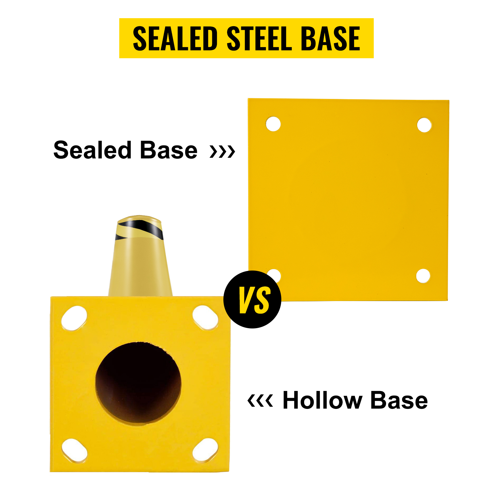 VEVOR safety bollard: sealed steel base vs hollow base comparison.