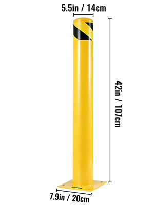 yellow VEVOR safety bollard with height and base dimensions.