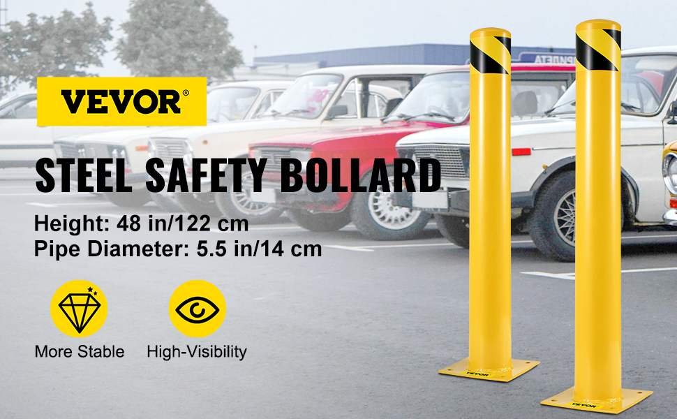 VEVOR safety bollard in yellow with black stripes, cars in the background.