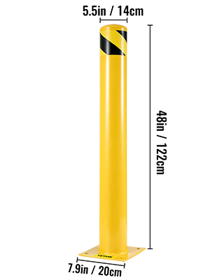 yellow VEVOR safety bollard with black stripes, 48in height, 5.5in diameter.