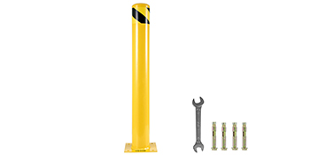 yellow VEVOR safety bollard with black stripes, wrench, and mounting hardware.