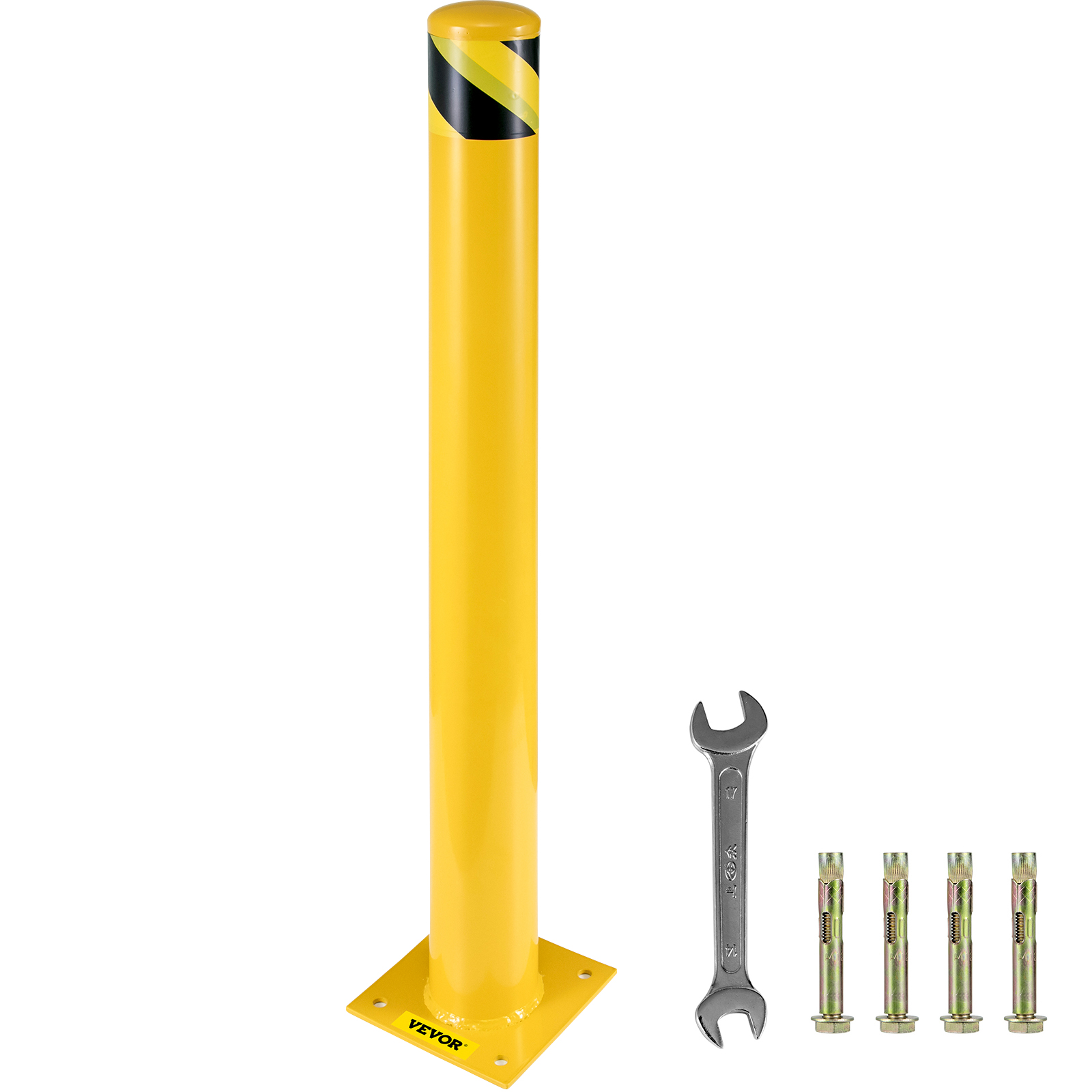 yellow VEVOR safety bollard with black stripes, wrench, and four bolts.