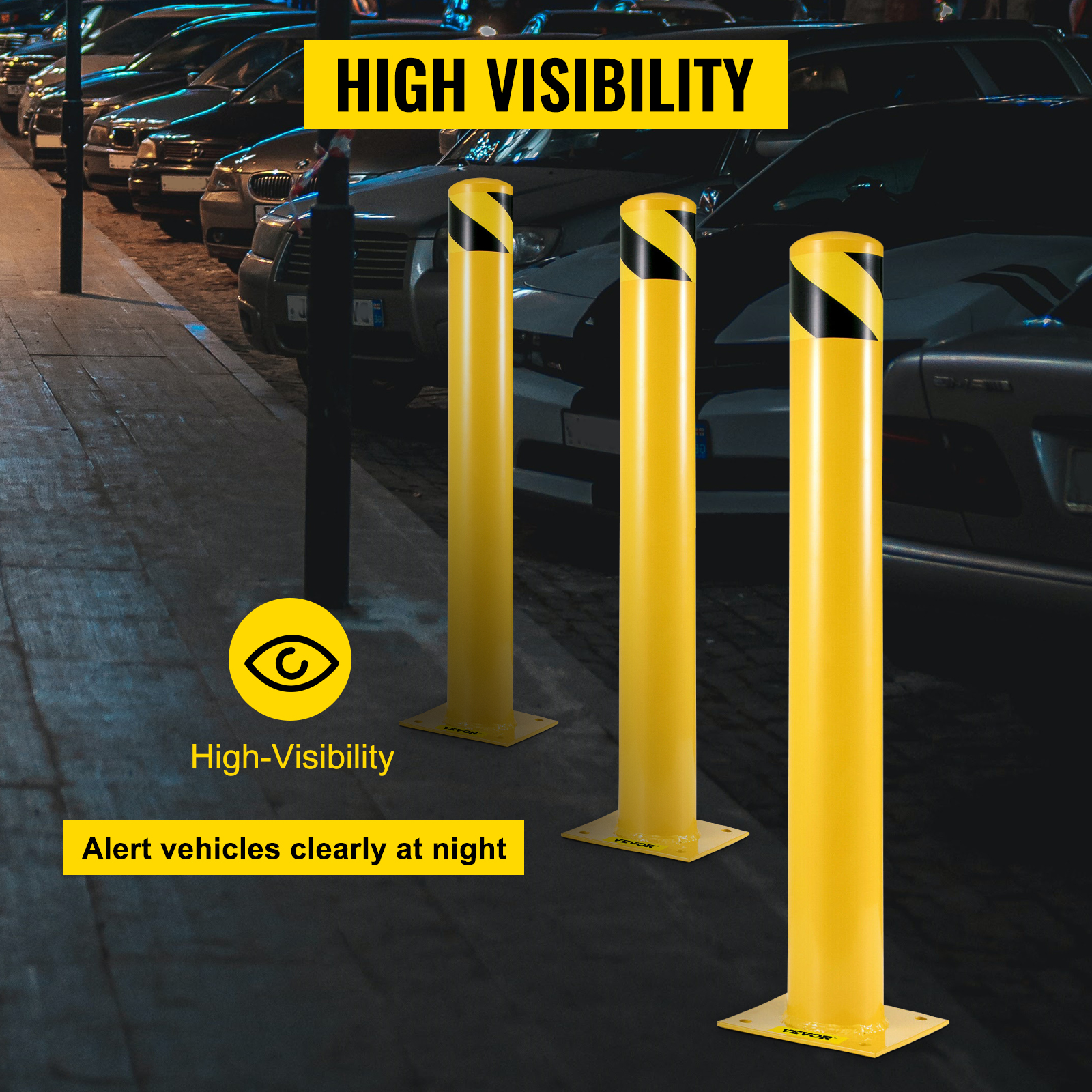 VEVOR safety bollard with high visibility keeps vehicles alert at night in parking area.