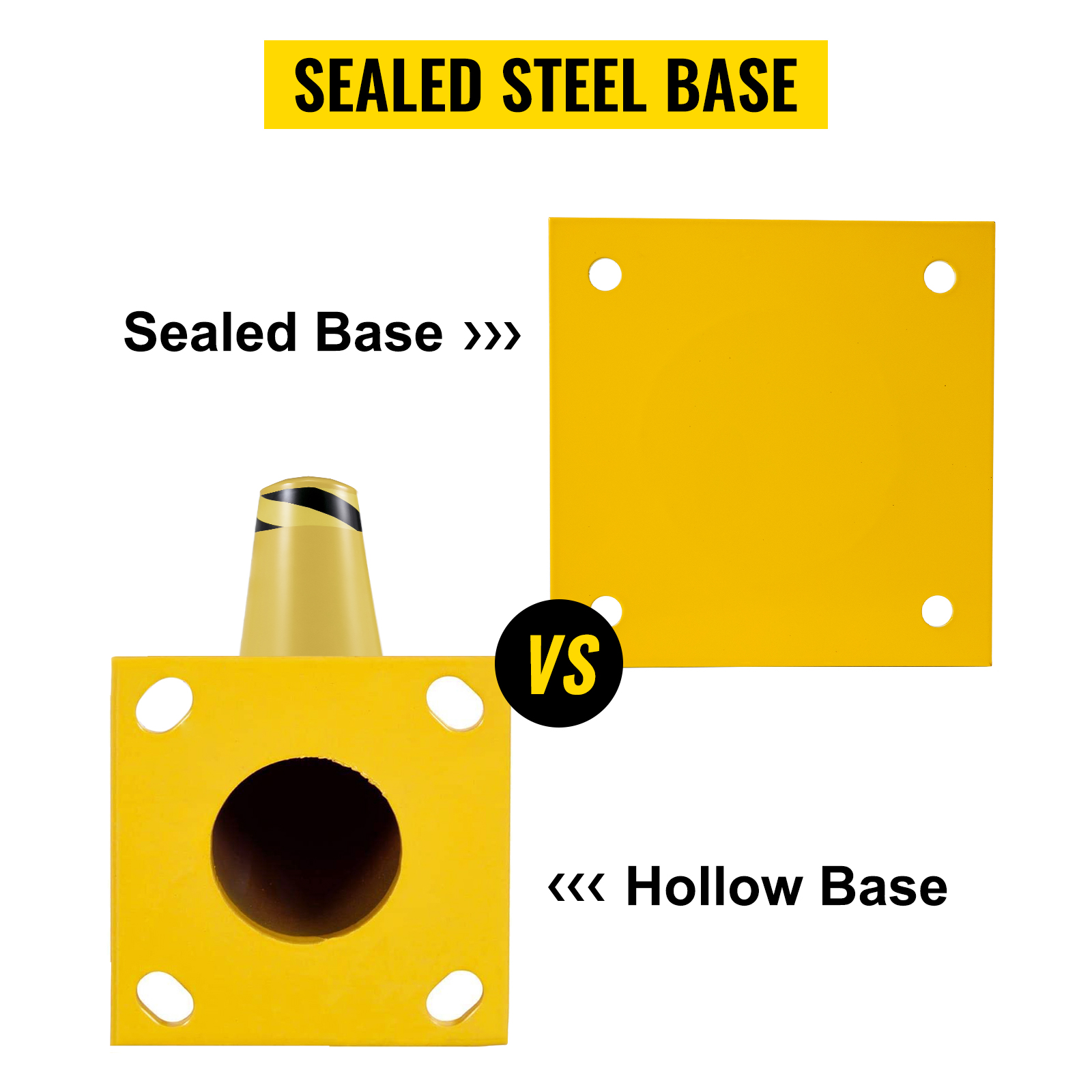 VEVOR safety bollard with sealed steel base vs. hollow base comparison.