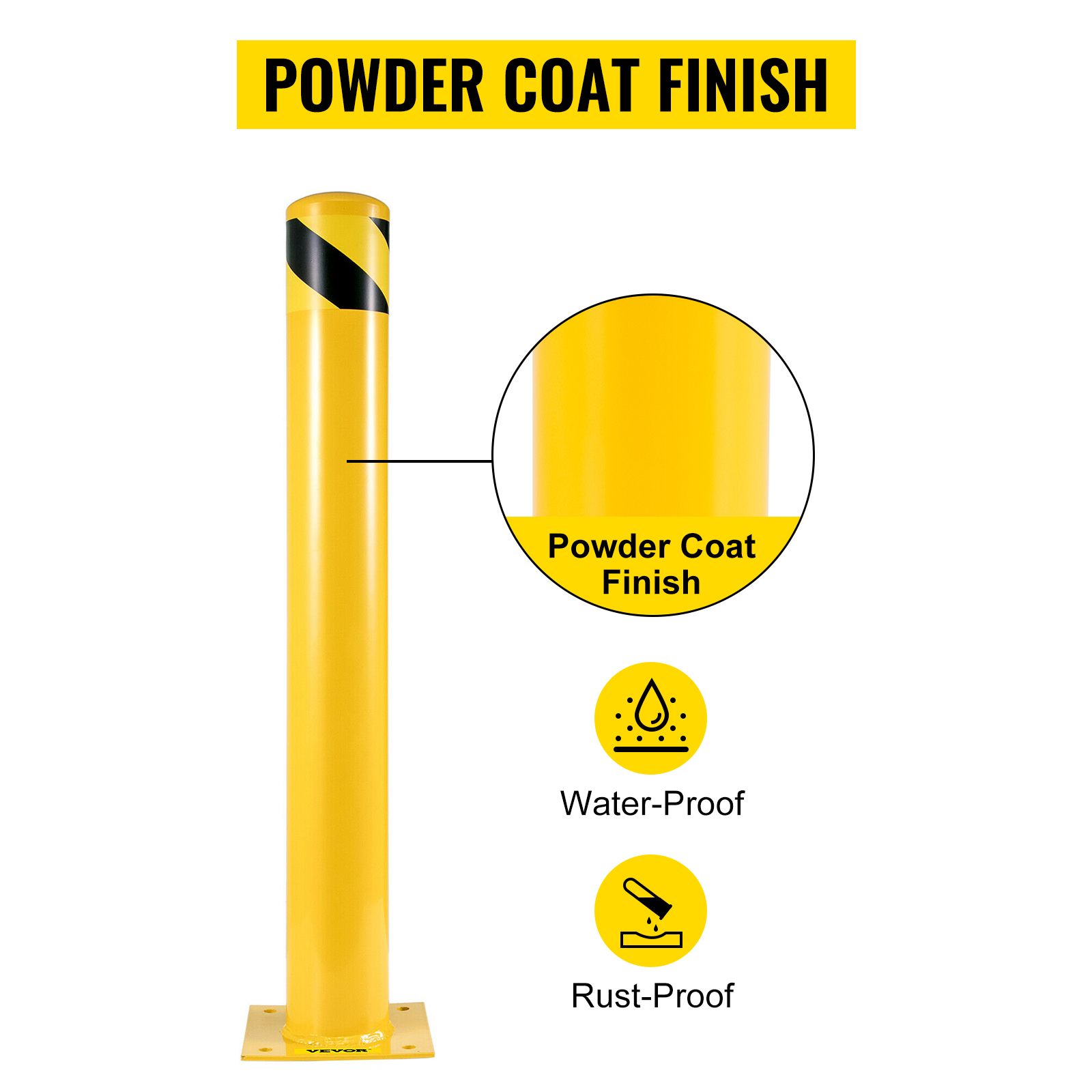 VEVOR safety bollard with powder coat finish, waterproof, rust-proof, bright yellow.