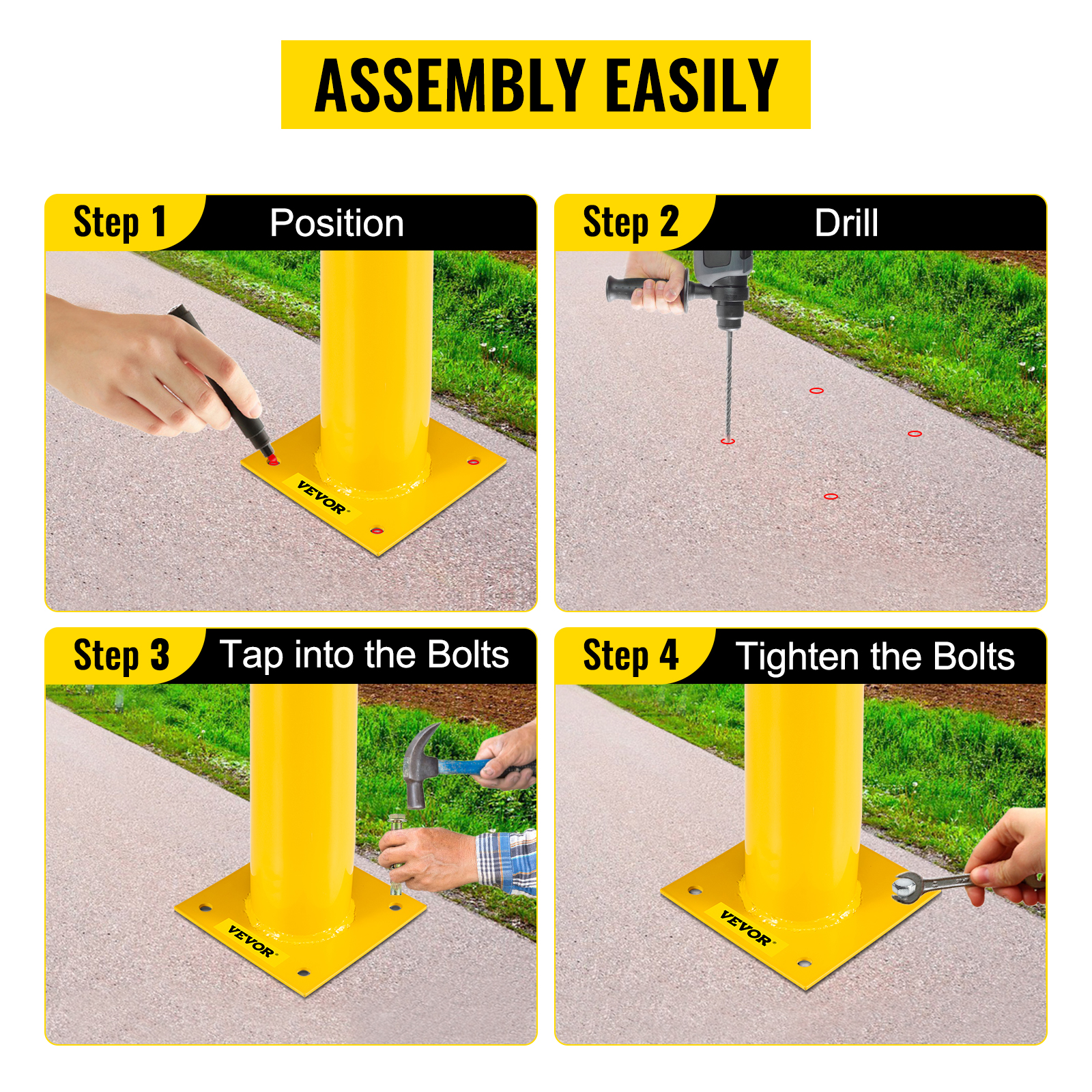 VEVOR safety bollard assembly steps: position, drill, tap bolts, and tighten bolts.