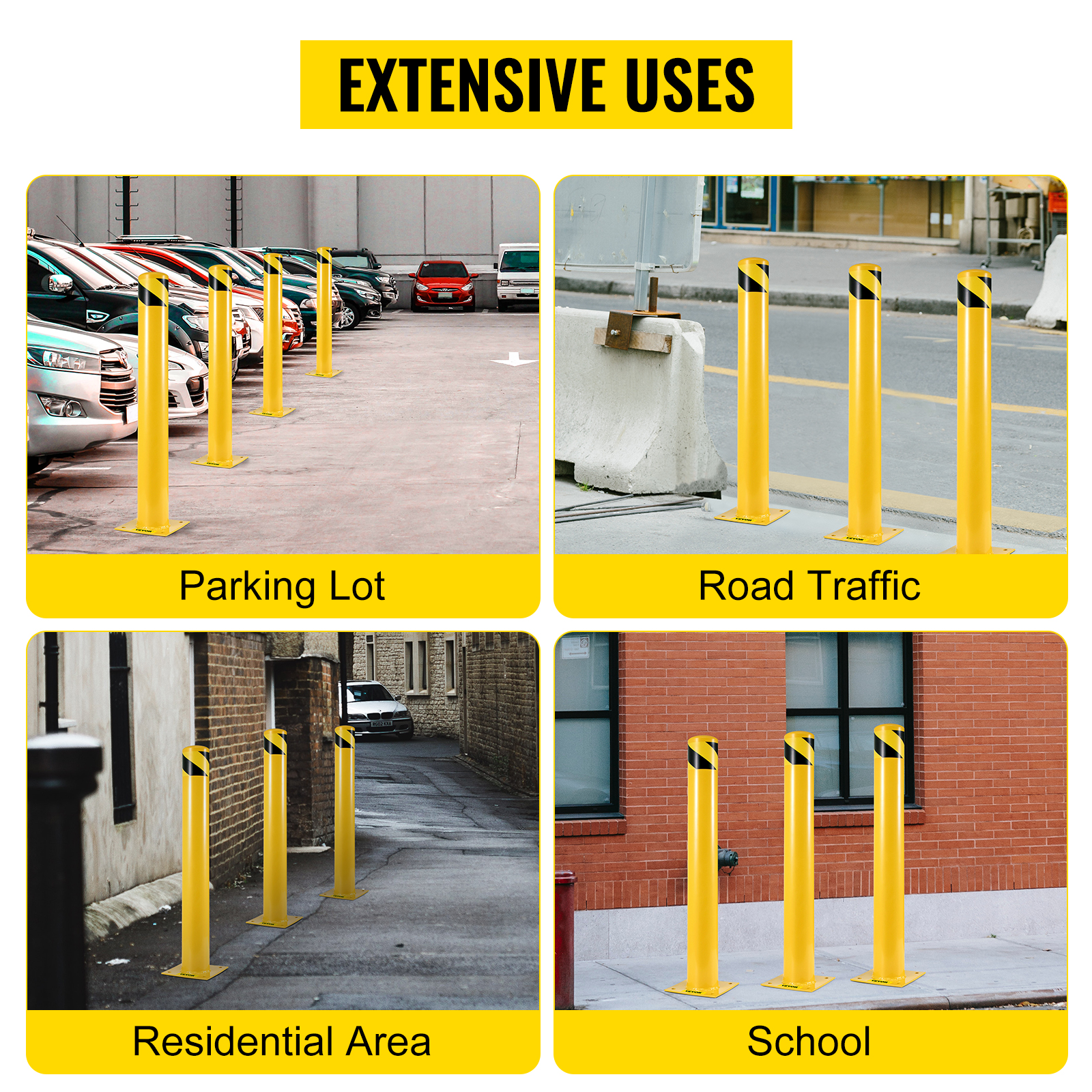 VEVOR safety bollard applications: parking lot, road traffic, residential area, school.