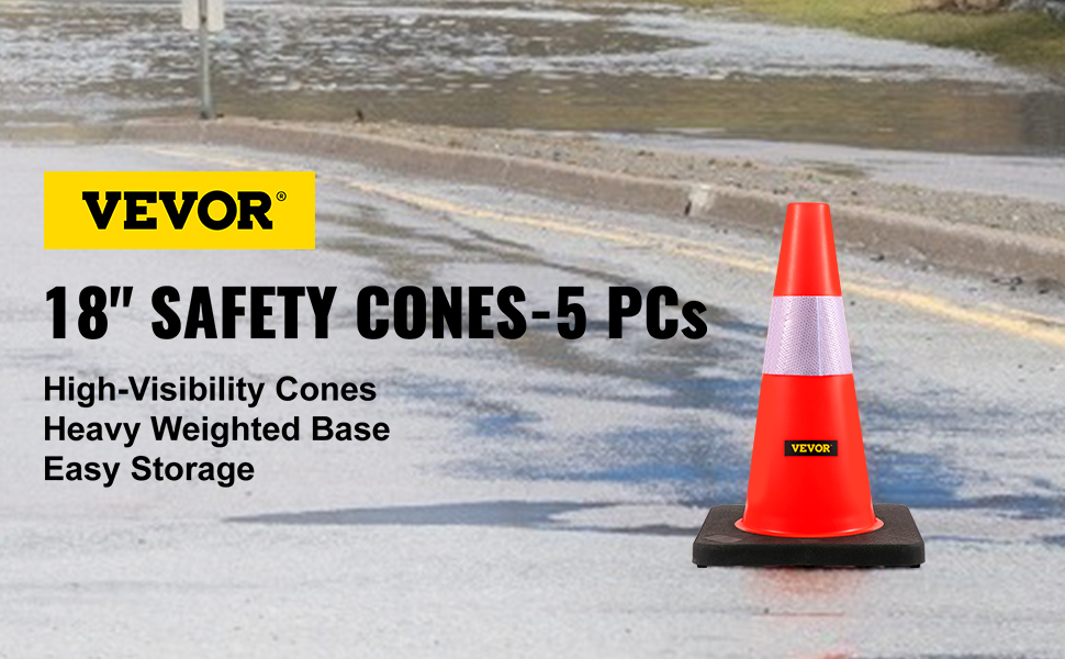 VEVOR safety cones on a wet road. text highlights high visibility and weighted base.