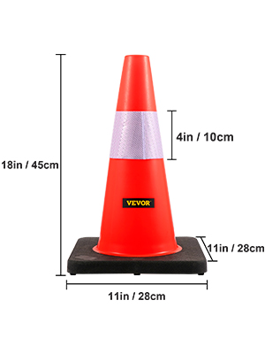 VEVOR safety cones, 18in height, 11in base, with reflective stripe.