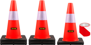three orange VEVOR safety cones with reflective bands and a roll of red tape.