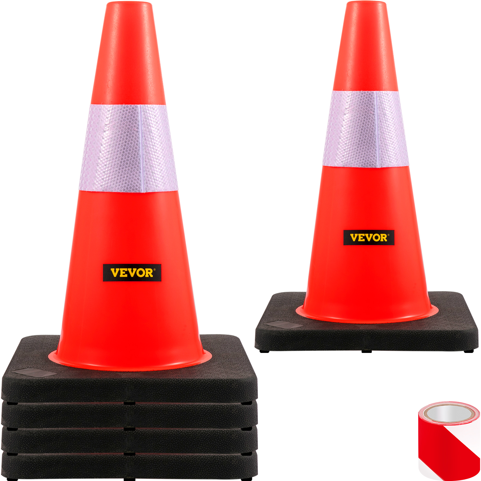 VEVOR safety cones with reflective tape and black bases next to a roll of red and white tape.