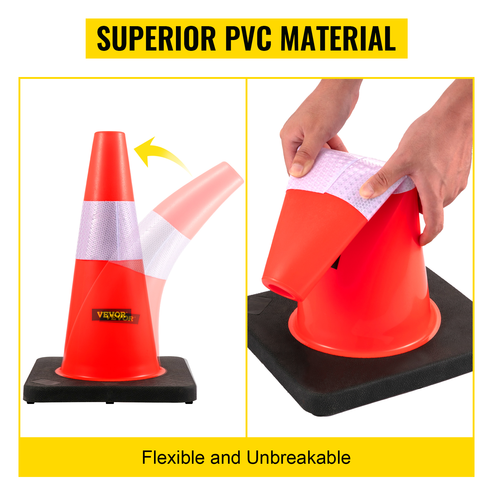VEVOR safety cones, superior pvc material, flexible and unbreakable.